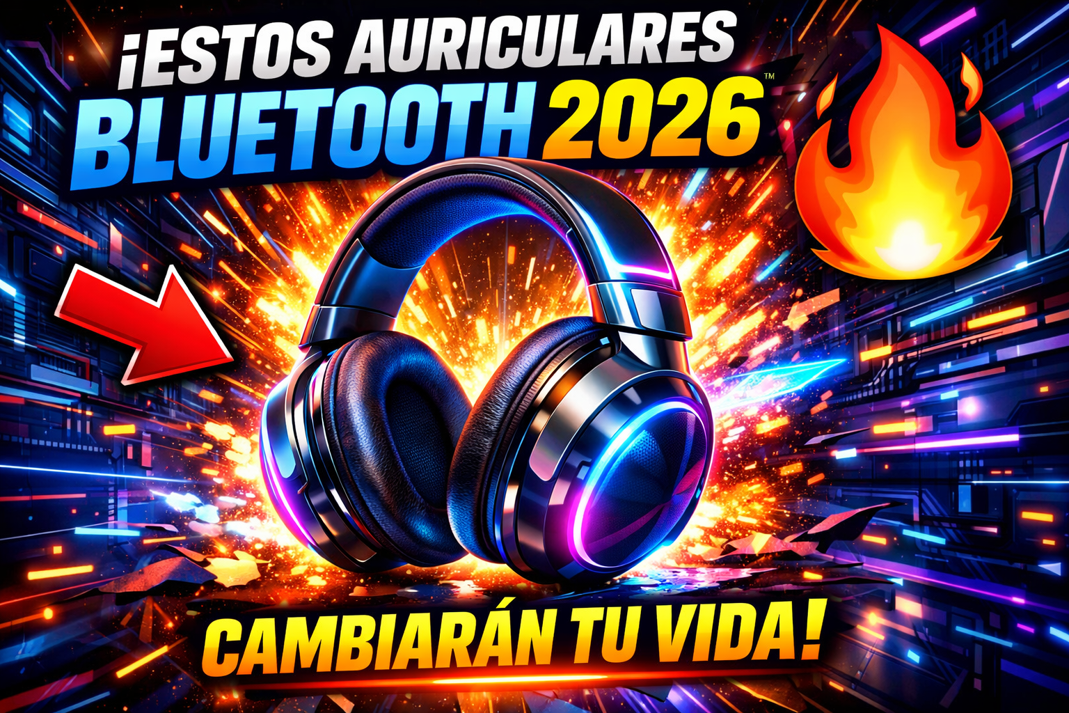 Imagen futurista de auriculares Bluetooth 2026, diseño ultra-moderno con luces de neón, efecto 3D brillante, fondo tecnológico de circuitos y explosiones de color, gran texto llamativo que diga “¡ESTOS AURICULARES BLUETOOTH 2026 CAMBIARÁN TU VIDA!” en tipografía bold impact, estilo thumbnail viral, alto contraste, vibrante y provocador.